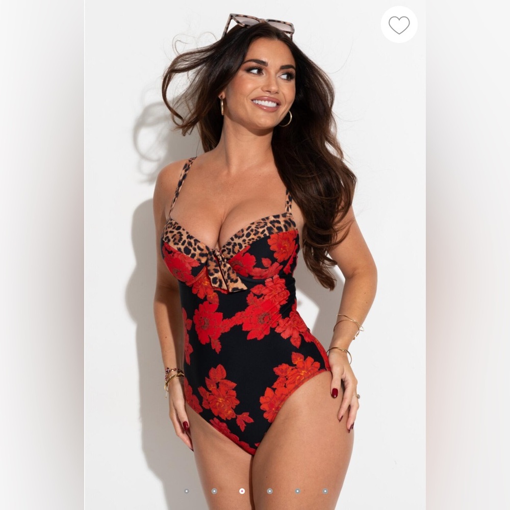 Pour Moi St Lucia Red Floral & Leopard Print Underwire Swimsuit Sz 38I NWT - Picture 5 of 11